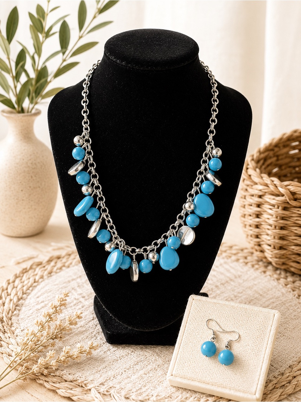 3/30 ✨✨ Blue Bead Drop Necklace with Matching Earrings - Women Jewelry